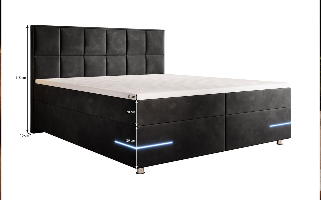 Lit boxspring Lea avec éclairages LED et pieds chromés (velours 7 coloris)