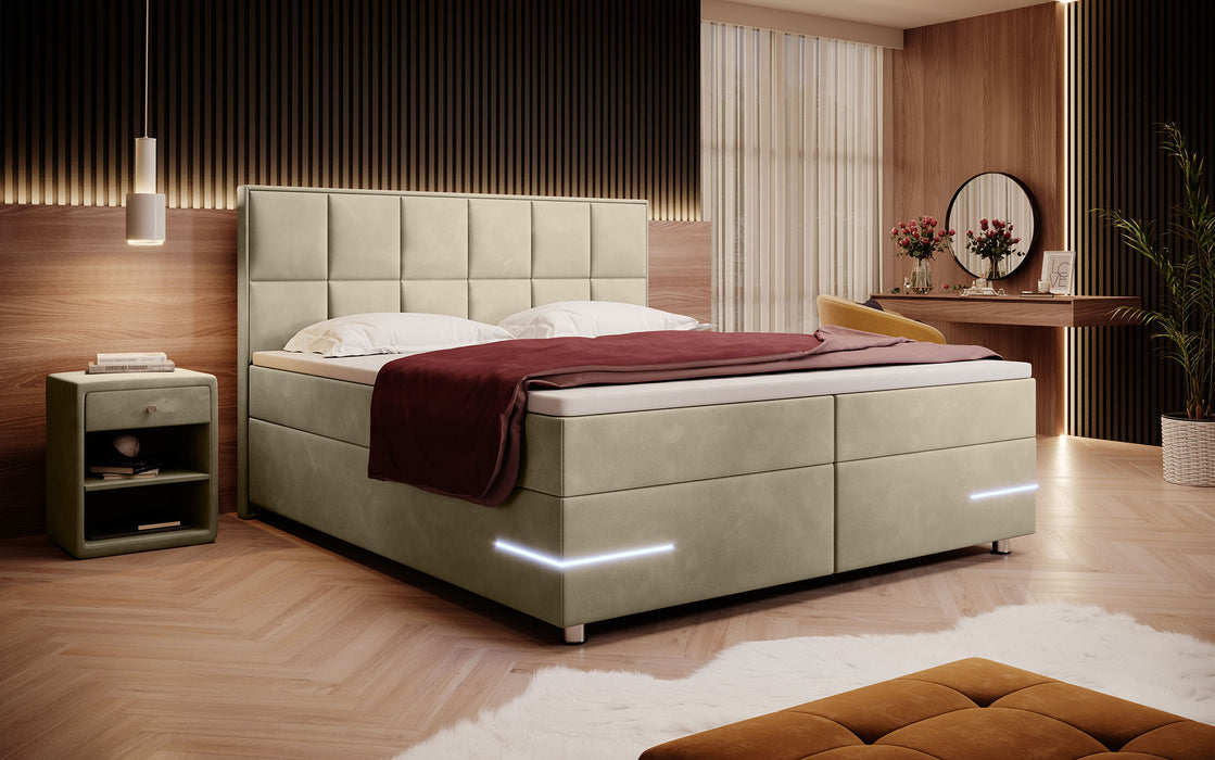 Lit boxspring Lea avec éclairages LED et pieds chromés (velours 7 coloris)