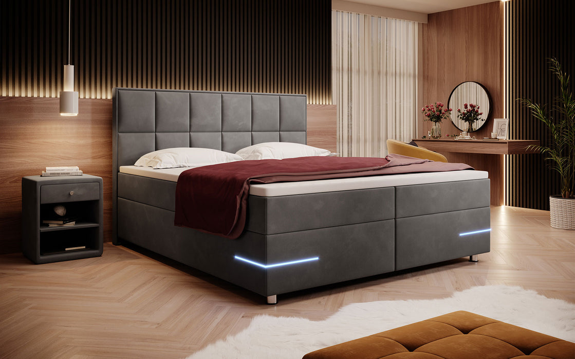 Lit boxspring Lea avec éclairages LED et pieds chromés (velours 7 coloris)