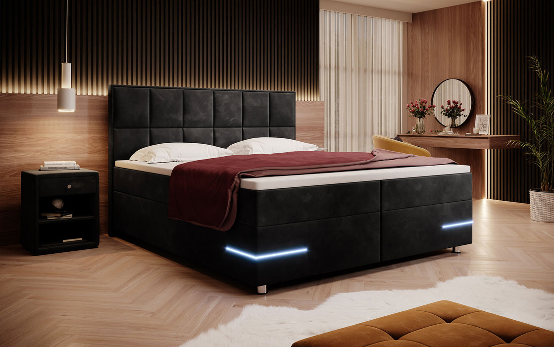 Lit boxspring Lea avec éclairages LED et pieds chromés (velours 7 coloris)