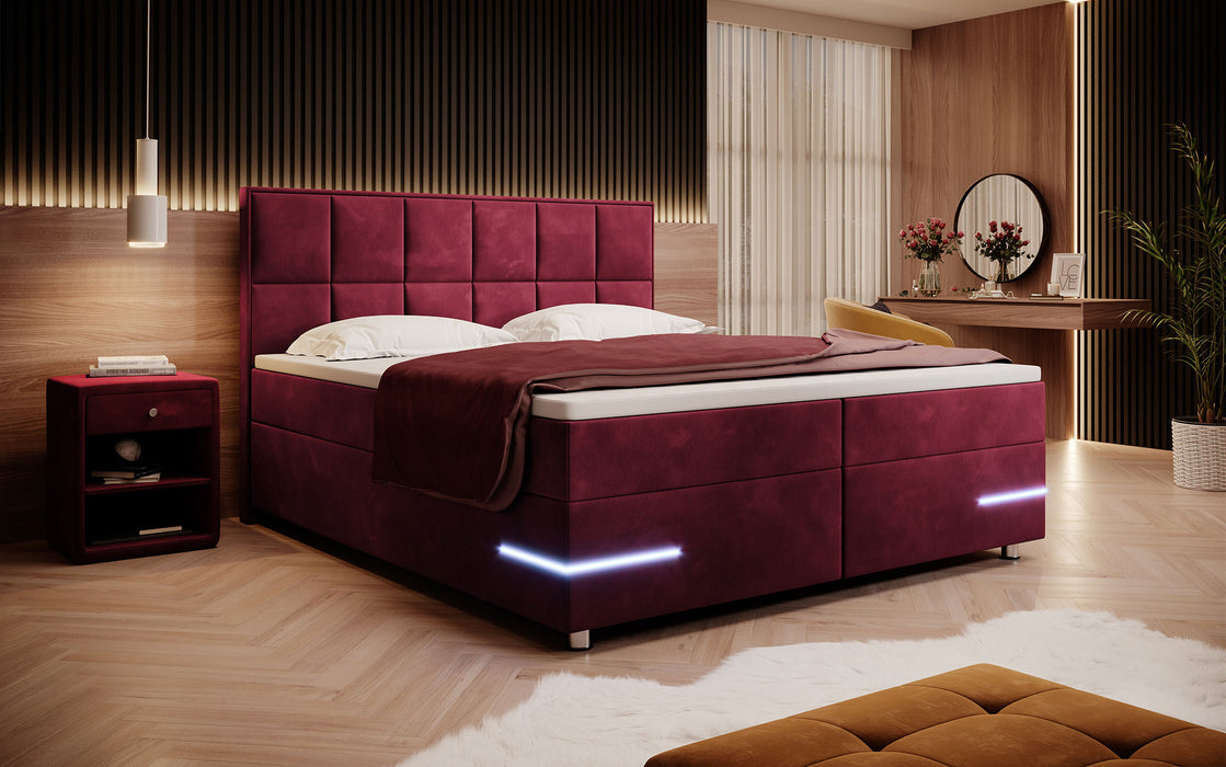 Lit boxspring Lea avec éclairages LED et pieds chromés (velours 7 coloris)