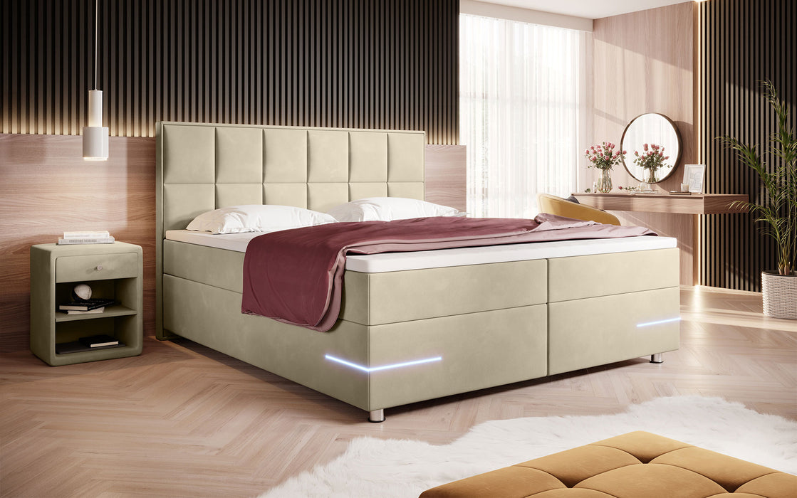 Lit boxspring Lea avec éclairages LED et pieds chromés (velours 7 coloris)