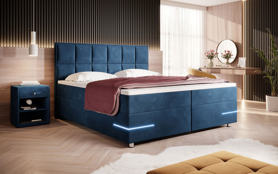 Lit boxspring Lea avec éclairages LED et pieds chromés (velours 7 coloris)