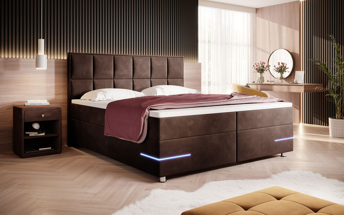 Lit boxspring Lea avec éclairages LED et pieds chromés (velours 7 coloris)