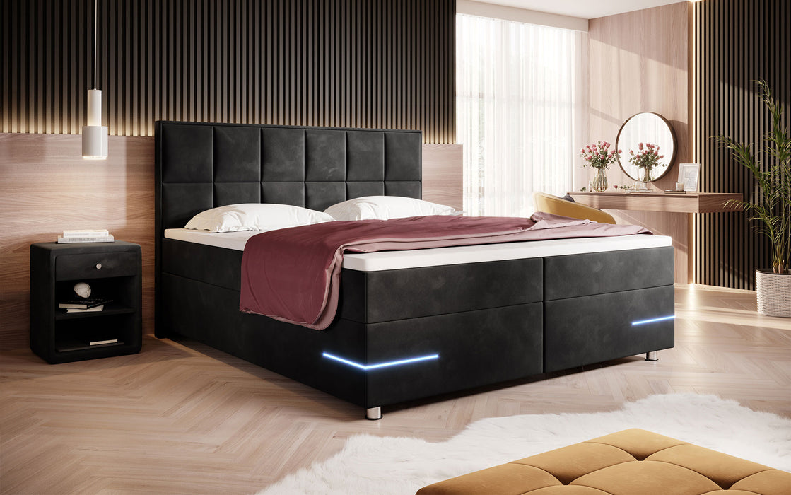 Lit boxspring Lea avec éclairages LED et pieds chromés (velours 7 coloris)