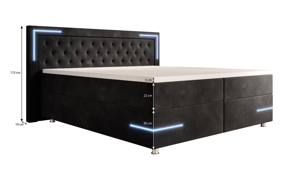 Lit boxspring Carlotta en velours avec éclairages LED, rangements et pieds chromés - 7 coloris