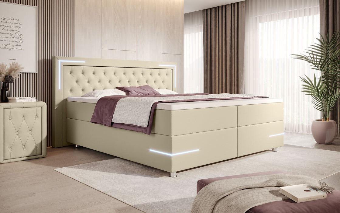 Lit boxspring Verona avec éclairages LED et coffres de rangement (cuir 4 coloris)