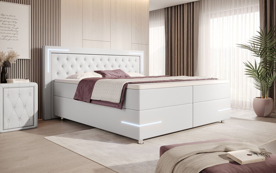 Lit boxspring Verona avec éclairages LED et coffres de rangement (cuir 4 coloris)