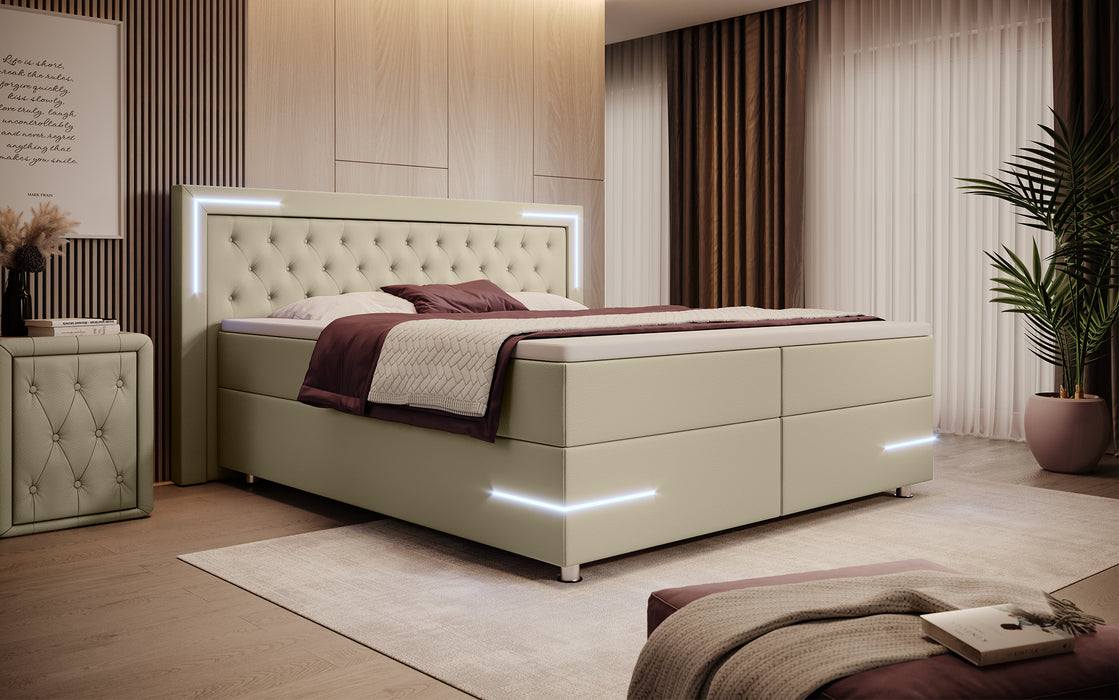 Lit boxspring Verona avec éclairages LED et coffres de rangement (cuir 4 coloris)