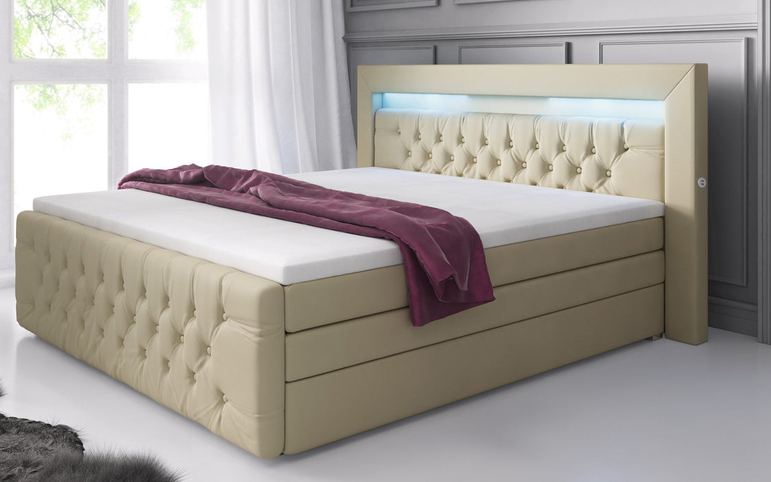 Lit boxspring Sonno avec LED, ports USB et espaces de rangement