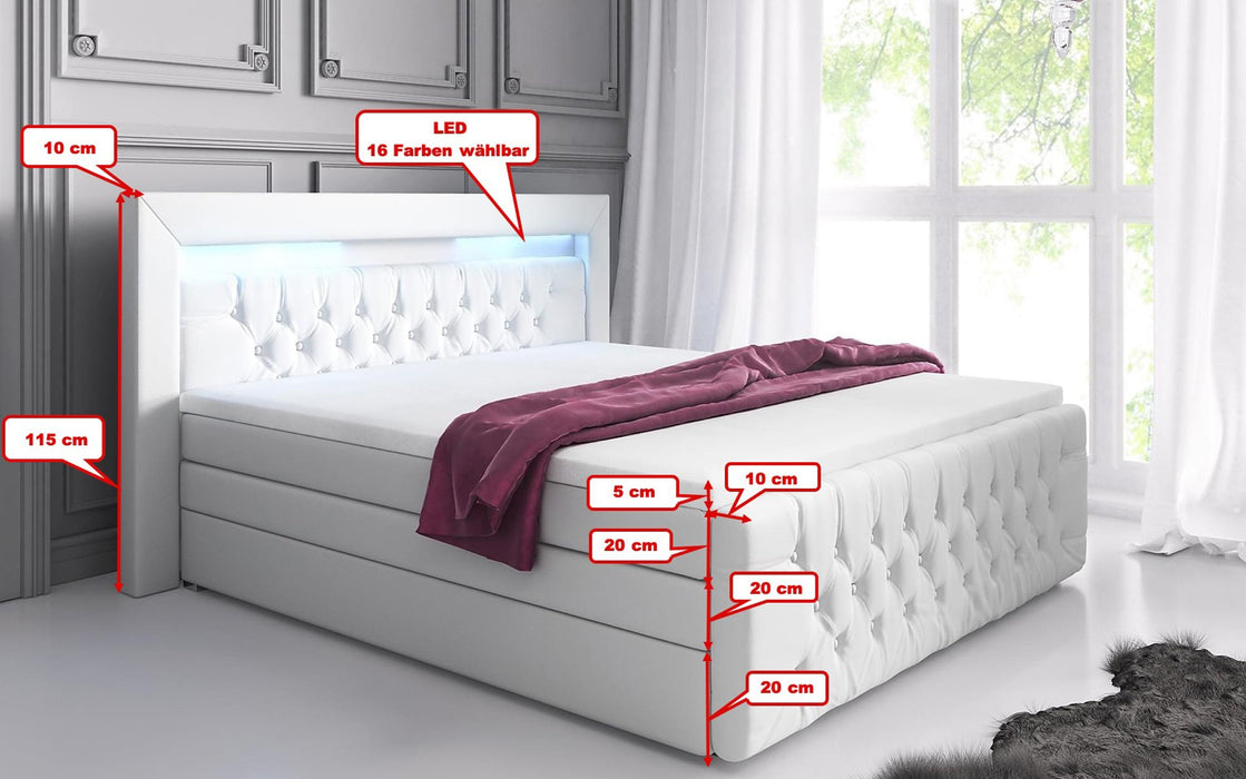 Lit boxspring Sonno avec LED, ports USB et espaces de rangement